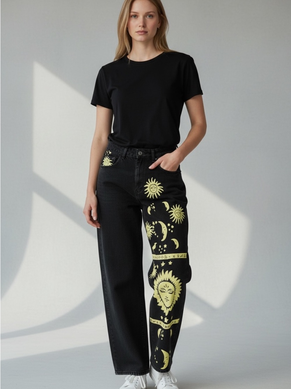 Black Jeans with Yellow Celestial Print